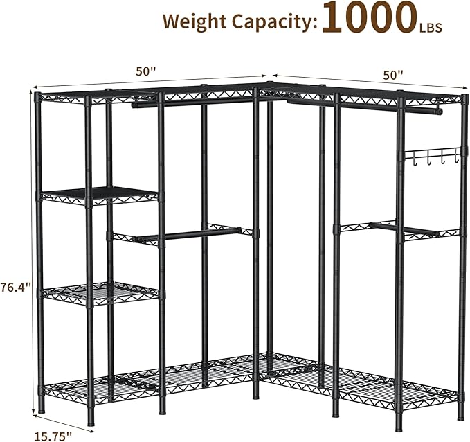 L Shaped Heavy Duty Metal Clothes Rack for Hanging Clothes,Freestanding Garment Rack Closet Wardrobe Rack Clothing Rack with 4 Hanging Rods & 1 Side Hook,50"Lx 50"Wx 76.4"H,Max Load 1100LBS