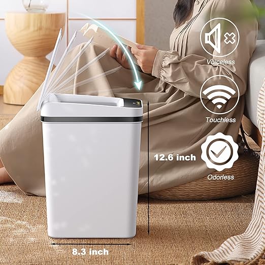 Yatmung 2 Pack - 2.5 Gallon Smart Trash Can Sensor Motion Slim Touchless Bathroom Trash Can - Skinny Trash Bin with Lid - Electric, Narrow, Plastic, Auto Open - Small Automatic Garbage Can (White)