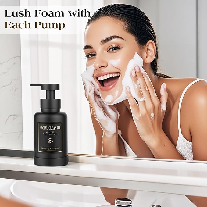 Luxspire Foaming Soap Dispenser, Glass Foam Pump Soap Dispenser, Non-Slip Hand Soap Container with 5 Waterproof Labels, 15 Oz Refillable Liquid Soap Holder for Bathroom & Kitchen, Black, 2 Pack