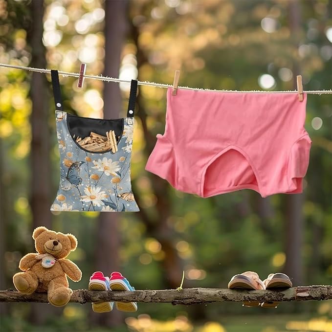Butterfly Clothespin Bag with Hanging Rope 14.5 x 12 Inch Summer Waterproof Laundry Clothes Pin Holder Clothespin Storage Organizer with Large Opening for Home Outdoor