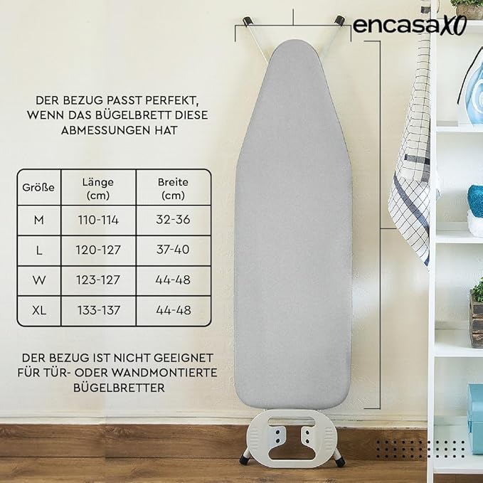 Encasa XO Ironing Board Cover and Pad 28"x12" - Thick 2mm Foam Padding, Drawstring Tightening & Lock, Heat Reflective, Scorch & Stain Resistant, Mini Ironing Board - Silver Premium
