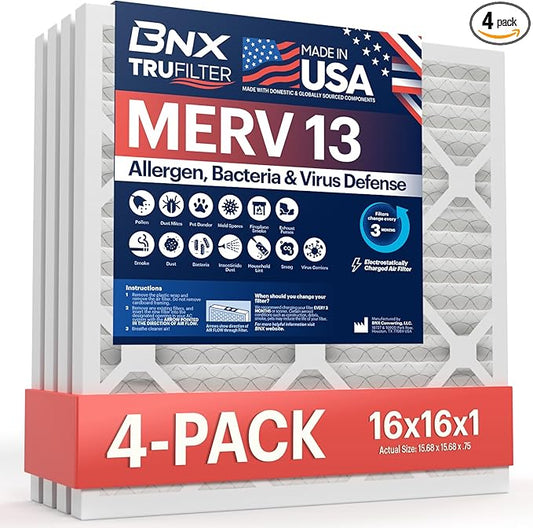 BNX TruFilter 16x16x1 Air Filter MERV 13 (4-Pack) - MADE IN USA - Electrostatic Pleated Air Conditioner HVAC AC Furnace Filters for Allergies, Pollen, Mold, Bacteria, Smoke, Allergen, MPR 1900 FPR 10