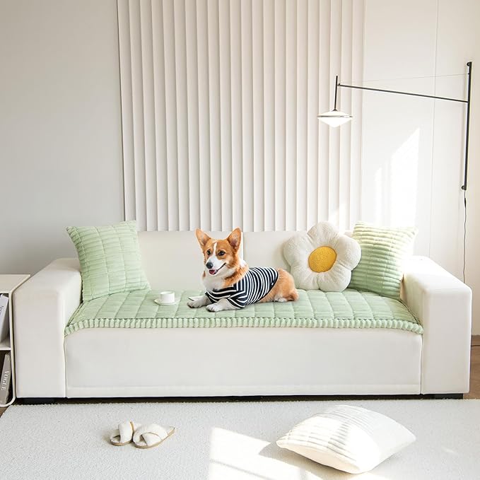 OTOB Couch Covers for 3 Cushion Sofa Pet Friendly, Plush Fuzzy Non Slip Sofa Covers Washable, Soft All Seasons Sofa Slipcovers Furniture Protector Dog Bed Mat (Matcha Green, 27.6" x 82.7")
