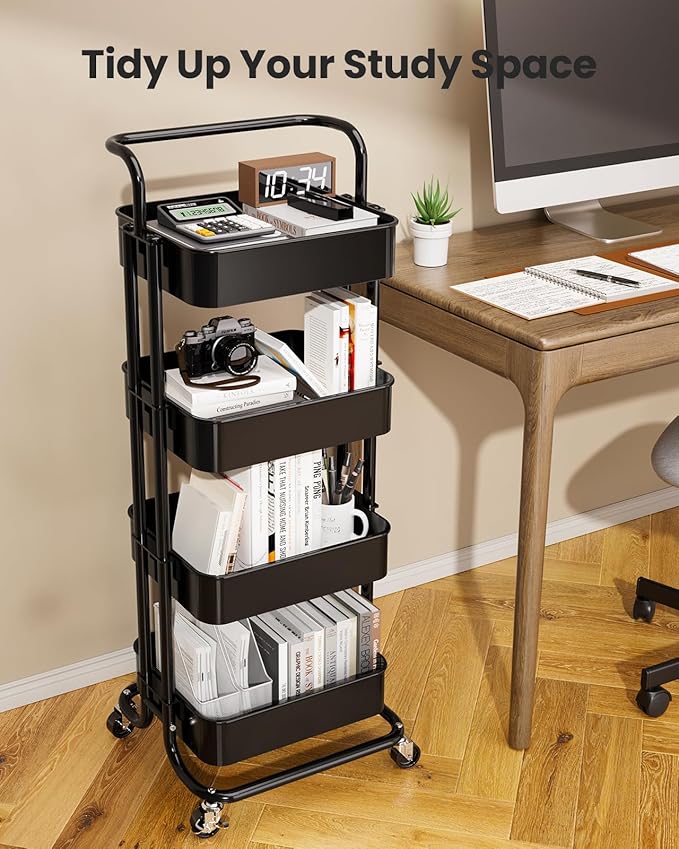 Pipishell 4 Tier Mesh Utility Cart, Rolling Metal Organization Cart with Handle and Lockable Wheels, Multifunctional Storage Shelves for Kitchen Living Room Office White, PIUC12W