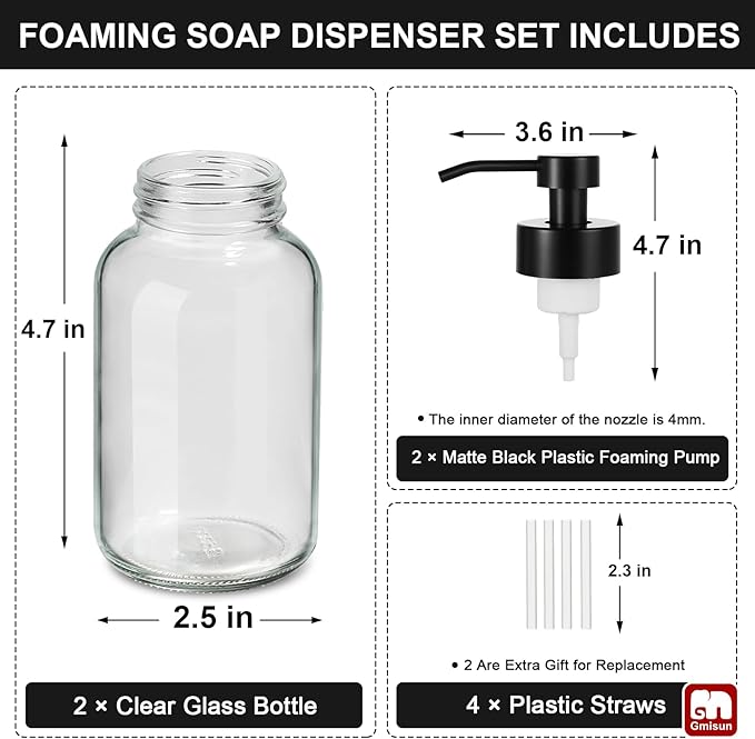 GMISUN Foam Soap Dispenser, 2 Pack 8.5 fl oz / 250 ml Clear Glass Soap Dispenser for Bathroom & Kitchen, Modern Hand Soap Dispensers, Refillable Glass Foaming Soap Dispensers with Waterproof Labels