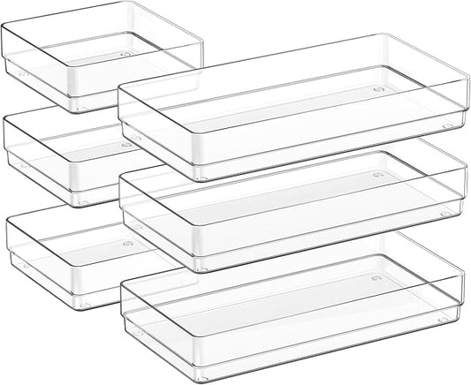 SMARTAKE 6 PCS Clear Plastic Drawer Organizers Set, Large Size Non-Slip Desk Drawer Organizer, 2-Size Versatile Bathroom and Vanity Drawer Organizer Trays for Makeup, Bedroom, Office, Kitchen Utensils