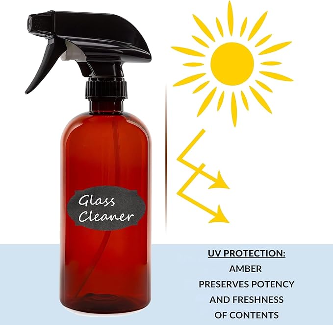 Cornucopia Brands 16oz Amber PLASTIC Spray Bottles w/Heavy Duty Mist & Stream Sprayers & Chalkboard Labels (6-pack); PET #1 Plastic Bottles, BPA-Free