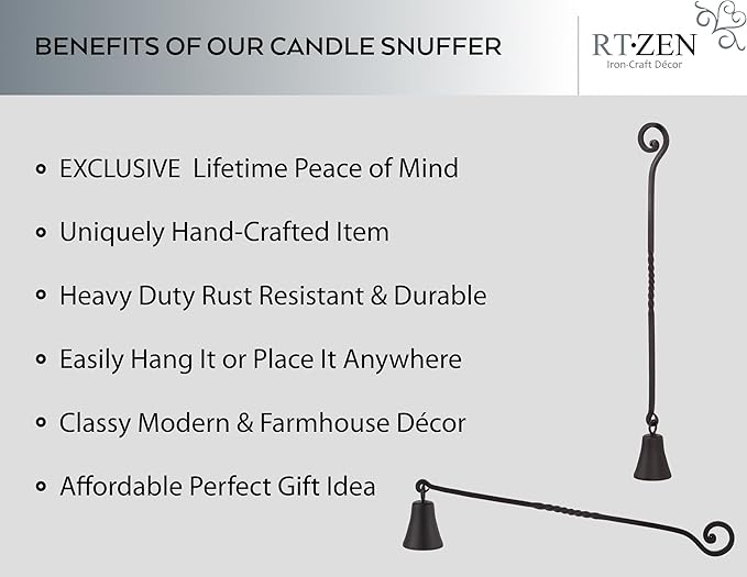 RTZEN Antique Bell Candle Snuffer - Handcrafted Decorative Rustic Wrought Iron Candle Extinguisher Candlesnuffer with Long Handle - Unique Black Matte Farmhouse Decor Accessories Gift