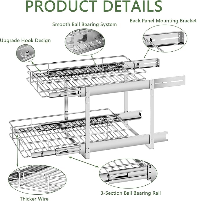 2 Tier Individual Pull Out Cabinet Organizer 14½" W x 21½" D, Heavy Duty Cabinet Pull Out Shelves, Slide Out Drawers Organization for Kitchen Cabinets Bathroom
