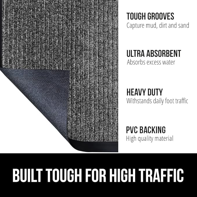 GORILLA GRIP Traffic Guard Door Mat, 47x35, Heavy Duty Welcome Mats, Commercial Office Space Doormat, Waterproof, Fade Resistant, Strong Rubber Backing, Low Profile, Shoe and Boot Scraper, Light Gray