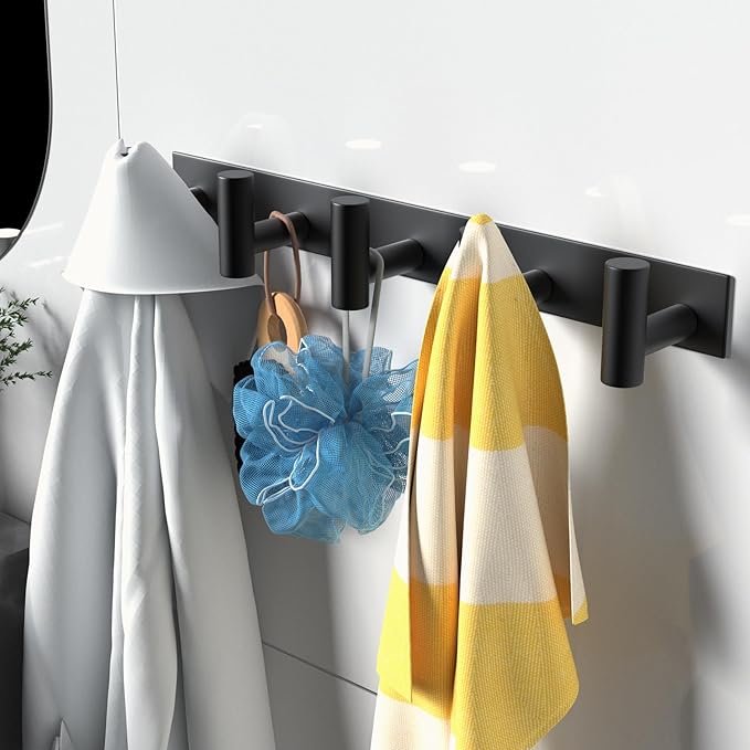 VAEHOLD Black Hat and Coat Wall Mount Rack 5 Hooks for Robes, Bags, Keys, and Towels Bathroom Towel Hanger Organizer (2 Pack)