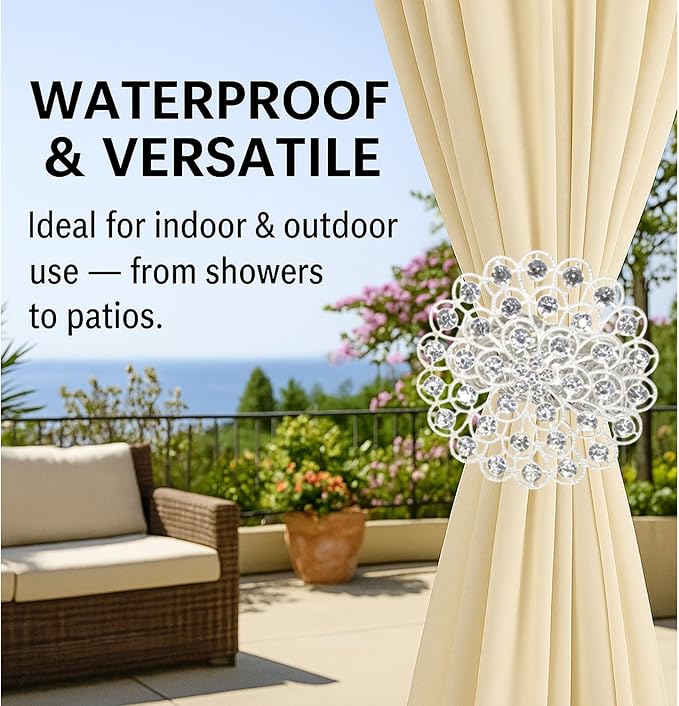 2 Pack Crystal Flower Curtain Tiebacks – Decorative Spring Wire Buckle Clips with Sparkling Rhinestone Flower Design, No Drilling, Easy Fit for Drapes & Sheers (Silver)