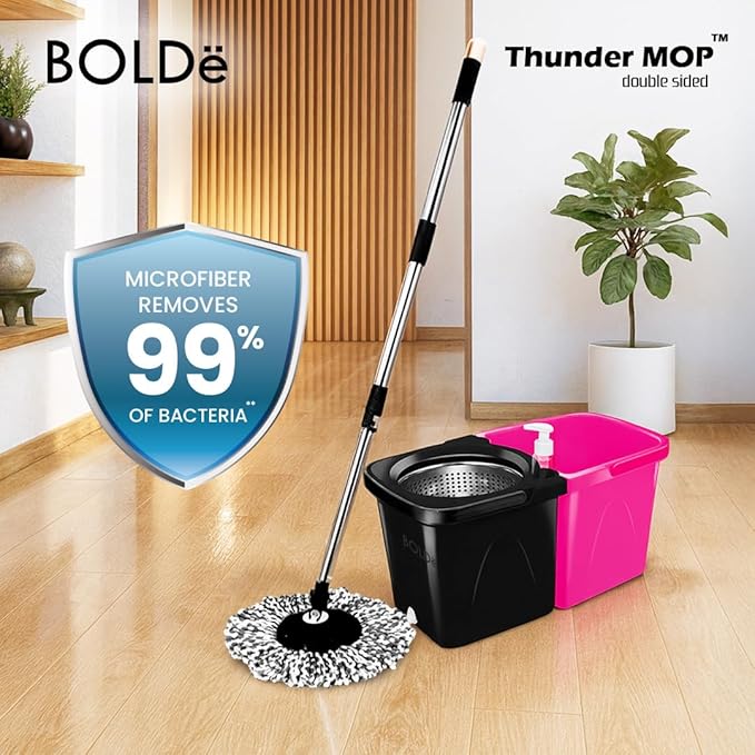 Thunder Mop Spin System - 2 Compact Stackable 6L Buckets, Microfiber Head, Stainless Steel Wringer, Antifungal Quick-Dry Cleaning, Soap Dispenser, 3 Free Refills (Black/Grey)