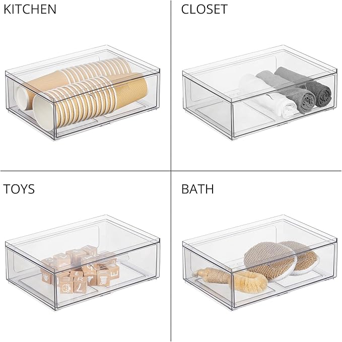 mDesign Plastic Wide Stackable Kitchen Storage Organizer Bin Containers with Front Pull Drawer for Cabinet, Pantry, Fridge, Freezer, Shelf, Refrigerator Organization, Lumiere Collection, 4 Pack, Clear
