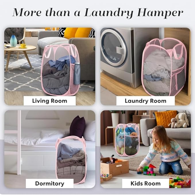 Handy Laundry Collapsible Mesh Pop Up Hamper with Wide Opening and Side Pocket - Breathable, Sturdy, Foldable, and Space-Saving Design for Clothes and Storage (Pink)