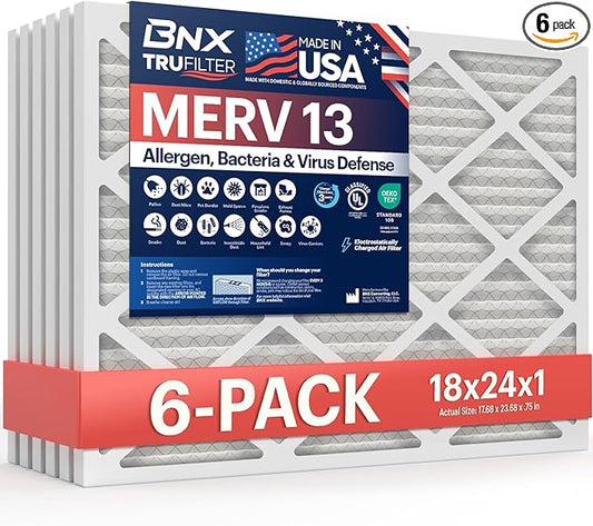 BNX TruFilter 18x24x1 Air Filter MERV 13 (6-Pack) - MADE IN USA - Electrostatic Pleated Air Conditioner HVAC AC Furnace Filters for Allergies, Pollen, Mold, Bacteria, Smoke, Allergen, MPR 1900 FPR 10