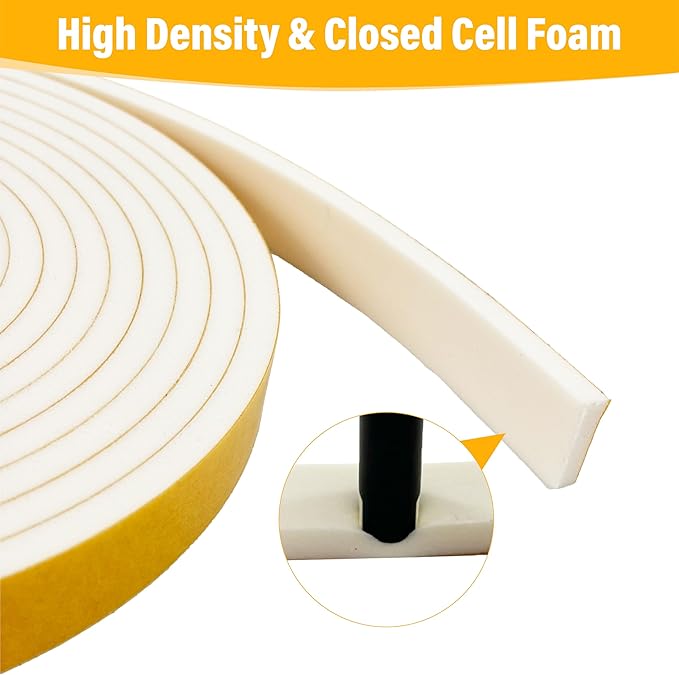 Weather Stripping Foam Tape, 17 Ft Door Seal Strip, EVA Material, High Density 1/4" Thick, No Residue Adhesive, Weatherproof Door Seal Strip for Sliding Door, Windows, White (3/8" Wide)