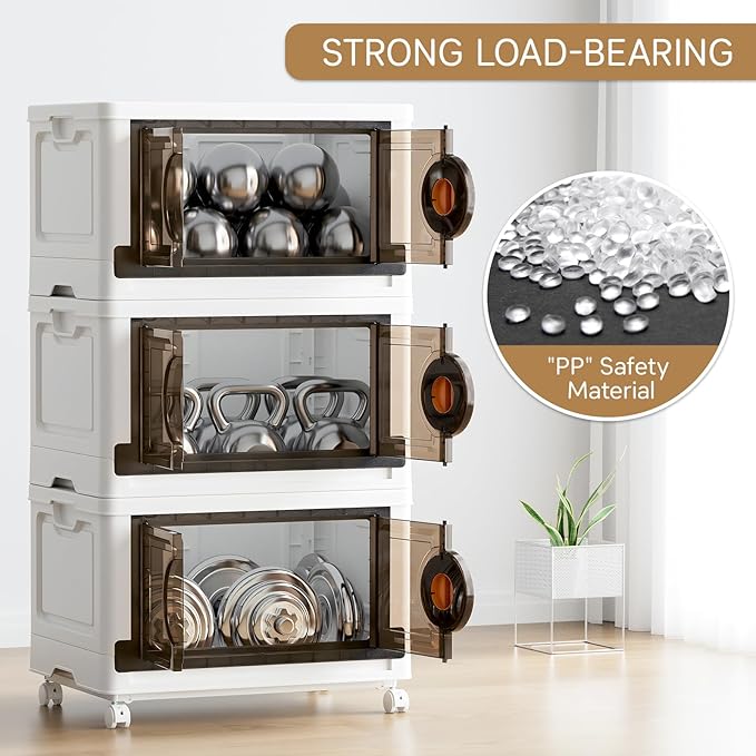 JEKO&JEKO 249Qt Lockable Stackable Storage Bins with Lids, Collapsible Closet Organizer with Wheels, Plastic Cabinet Drawer for Clothes 3 Pack (White)