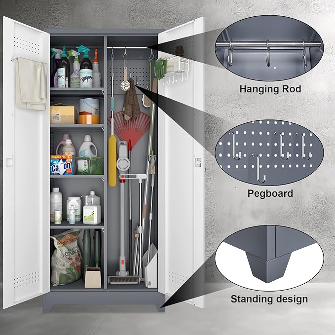 Broom Storage Cabinet, Metal Cabinet with Shelves and Hanging Rod, 72.8" Utility Cabinets with Locking Door, Tall Cleaning Storage for Kitchen, Pantry, Office, Shop, Garage