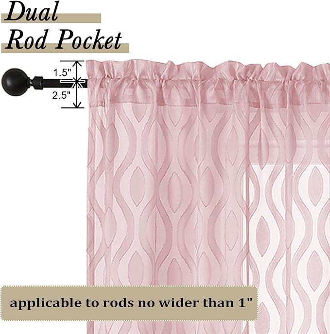 Aiyufeng Pink Curtains Kitchen 14 Inch Length, Clip Jacquard Chic Wavy Line Blush Valances for Windows, Lightweight Airy Rod Pocket Short Curtains for Bathroom Basement, 2 PCS, 40" Wx14 L Inches