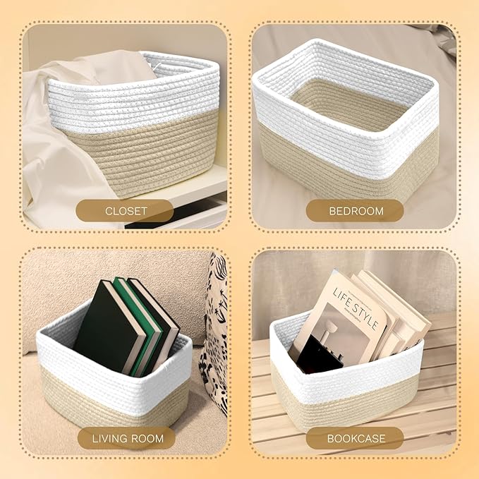 Hopegiver Woven Storage Baskets 11x8x7 Inch, 3 Pack Collapsible Cube Storage Bin for Shelves - Foldable Cotton Rope Organizer Bins for Towels, Toys, Books, Closet, Nursery (White Khaki)