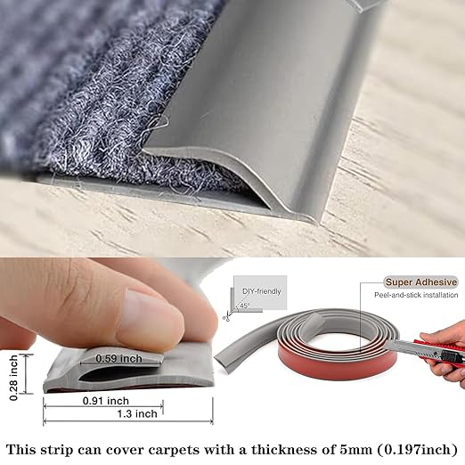 Self Adhesive Carpet Transition Strip with Edge Trim, Designed for Seamless Transitions from Carpet to Tile or Vinyl Floors, Perfect for Doorways.(Gray,6ft)