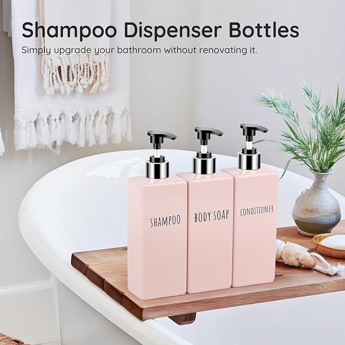 Segbeauty 16.9oz Shower Bottles Refillable, 3 Pack of Shampoo and Conditioner Bottles for Bathroom, 500ml Plastic Square Soap Dispenser Set Lotion Dispenser Empty Press Pump Bottle Pink