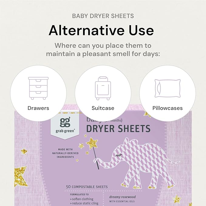 Grab Green Baby Laundry Dryer Sheets, 160 Sheets, Dreamy Rosewood Scent, Plant Based, Softens Clothing and Linens, Reduces Static Cling