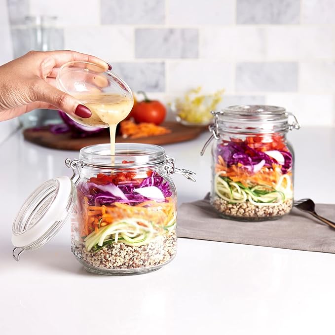 4 Glass Food Storage Jars with Airtight Lids + Chalkboard & Marker, Kitchen Canisters for Flour, Sugar, Coffee, Cereal, Pasta, Canning, Cookie Jar with Clamp Lid, Square Mason Jars 2-78oz, 2-34oz