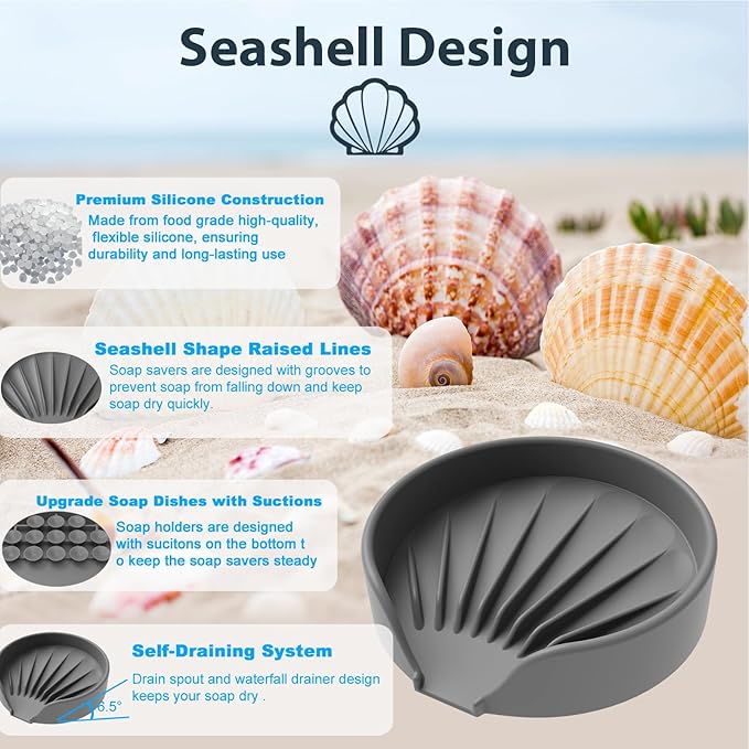 Self Draining Soap Dish, Silicone Suction Cup Soap Holder Tray Savers Container Sponge Holder for Bar Bathroom Shower Kitchen Sink, Can Extend Soap Life (1, Gray)