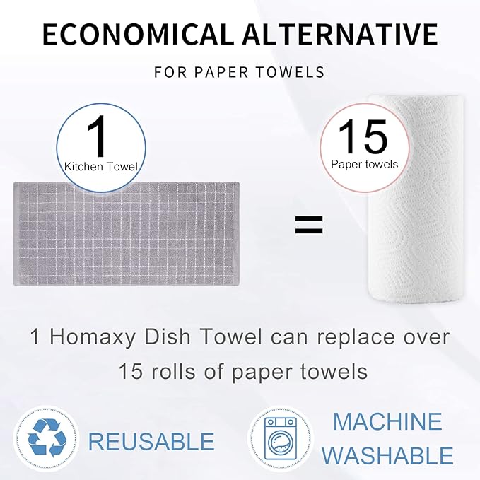 Homaxy 100% Cotton Terry Kitchen Towels(Light Grey, 13 x 28 Inches), Checkered Designed, Soft and Super Absorbent Dish Towels, 4 Pack