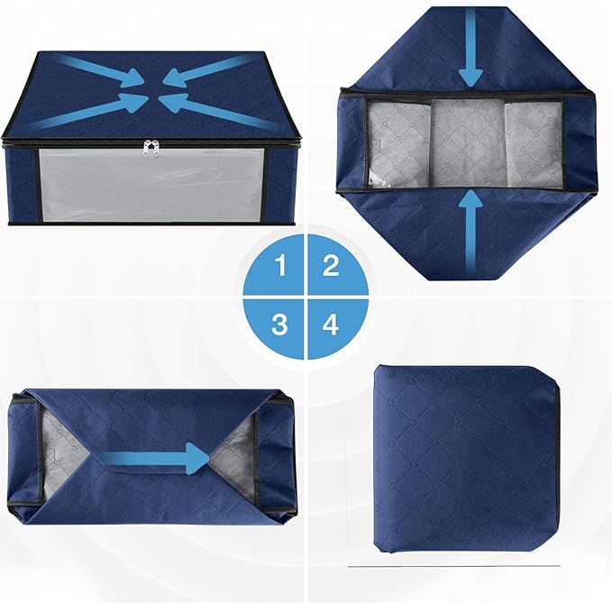 HomeHacks Storage 10-Pack Clothes Organizer Storage Bags Foldable Storage Box with Large Clear Window Sturdy Handles for Closet, Dorm, Pillows, Bedding, Clothes, Blankets, 35L, Blue