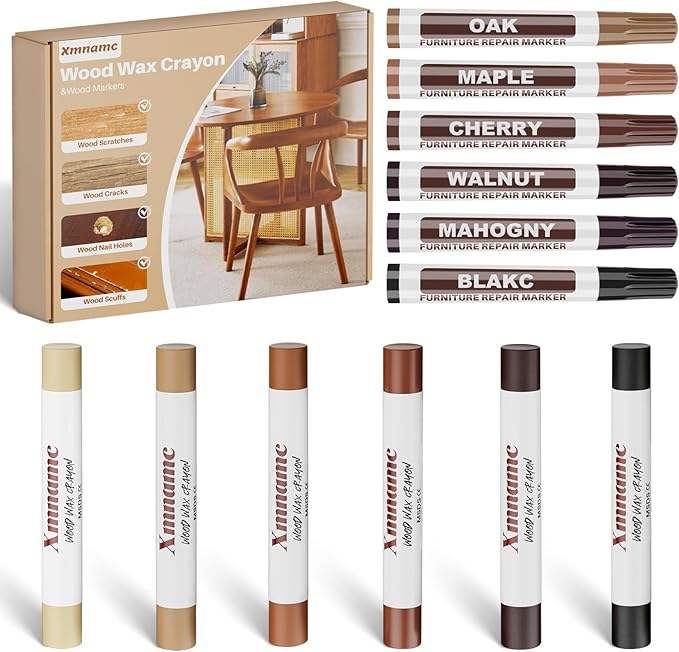 Wood Filler Sticks, 12 Colors Wood Wax Crayons Furniture Markers Touch Up for Repair Any Furniture Scratch, Scuffs, Cracks and Nail Holes on Wood Furniture, Floors, Doors, Cabinets, Tables