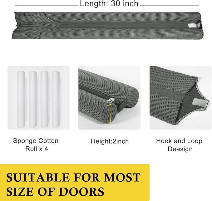 fowong Door Draft Stopper 30" Adjustable Under Door Draft Stopper, Soundproofing Nosie Blocker Seal Large Gap, Grey