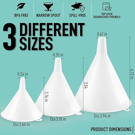 Zulay Kitchen 3-Piece Plastic Funnel Set - Large, Medium, and Small Kitchen Funnels Pouring Spout - for Filling Bottles Water Liquid, Protein Powder, Food Grade Cooking, Drink, Paint, Lotion, Kids