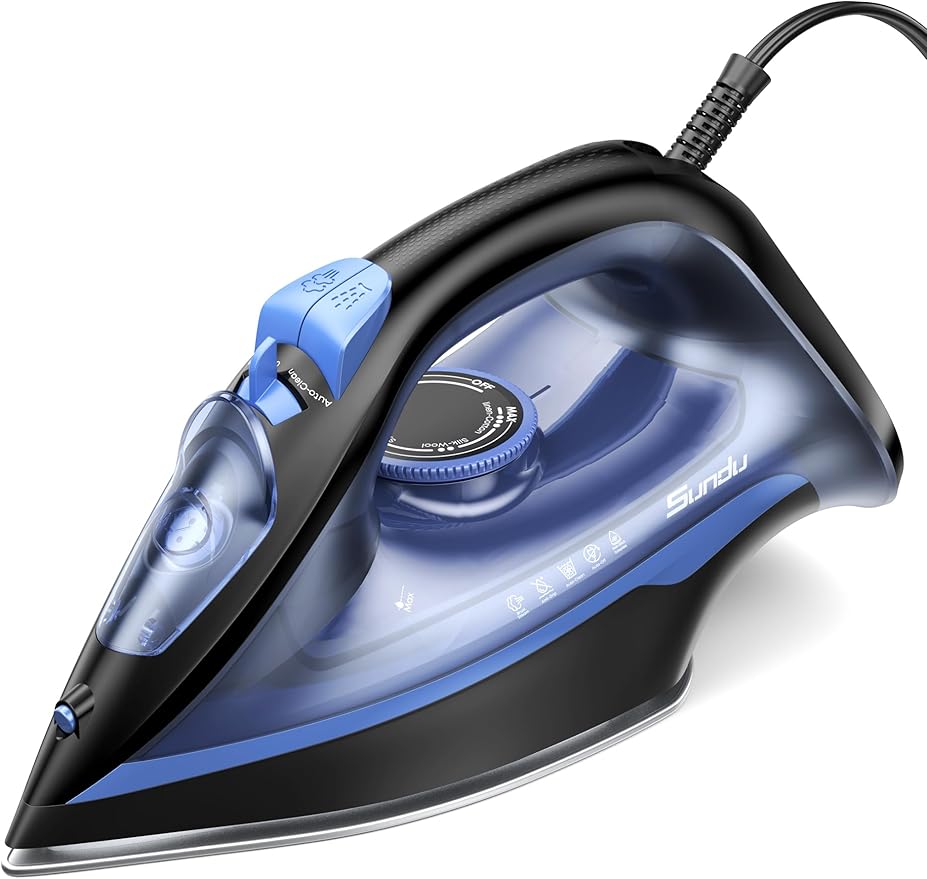Sundu Steam Iron for Clothes with Rapid Heating Ceramic Coated Soleplate,1500W with Precise Thermostat Dial,Self-Cleaning, Auto-Off,11.84oz Water Tank for Home Clothes Ironing Use,0604C
