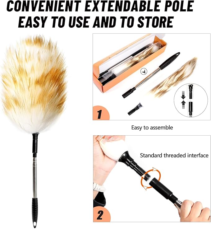 Extendable Lambswool Duster 30-55inch with Aluminium Alloy Handle, Natural Long Feather Duster for Cleaning Fans, Ceiling, Bookshelevs, for Home&Office