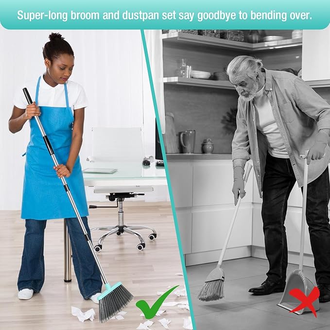 Broom with Dustpan Combo Set,Pet Hair Rubber Broom with Carpet Rake and Squeegee,Long Handle Broom with Upright Standing Dustpan for Indoor Cleaning (Broom and Rubber Broom)
