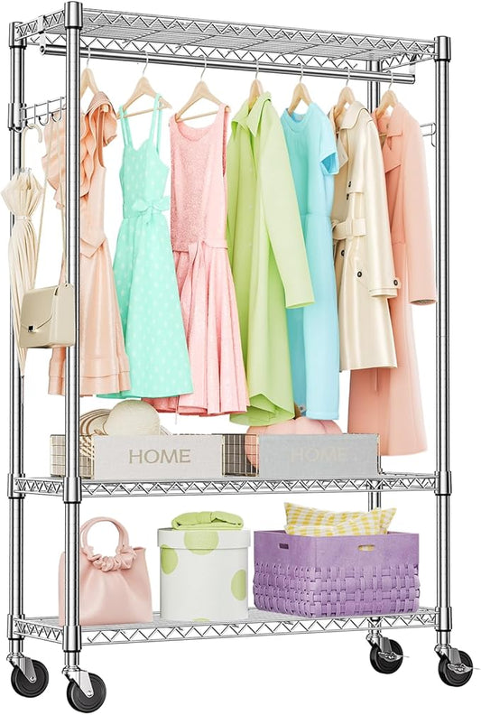 IZEUK 3 Tier Heavy Duty Rolling Garment Rack Wire Clothes Rack for Hanging Clothes, Metal Freestanding Closet Wardrobe Rack with 1 Rods and Wheels Chrome 15.7" D x 45.3" W x 75.6" H