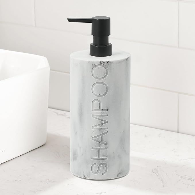 Matte White Shampoo Dispenser Modern Refillable Pump Bottle with Embossed Text, Durable Resin Construction for Bathroom and Kitchen