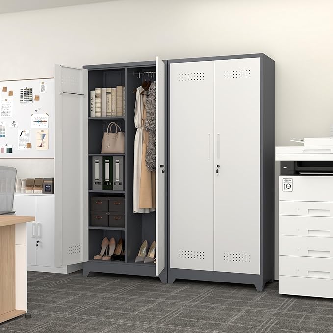 Broom Storage Cabinet, Metal Cabinet with Shelves and Hanging Rod, 72.8" Utility Cabinets with Locking Door, Tall Cleaning Storage for Kitchen, Pantry, Office, Shop, Garage