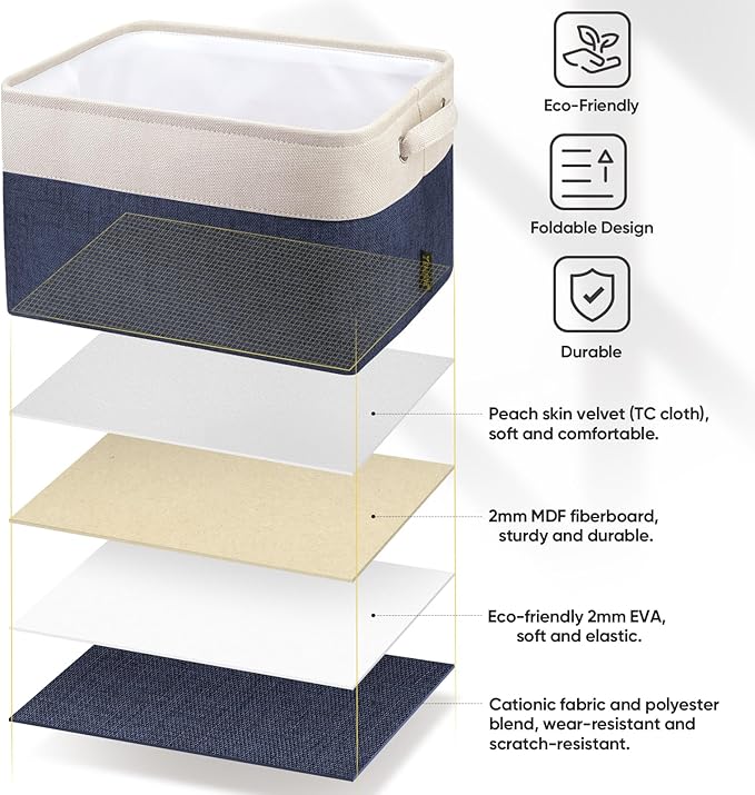BALEINE 4 Pack Fabric Storage Bins for Shelves, Linen Storage Baskets for Organizing, Decorative Closet Bins for Clothes, Home (Navy Blue, 12"x8"x8")