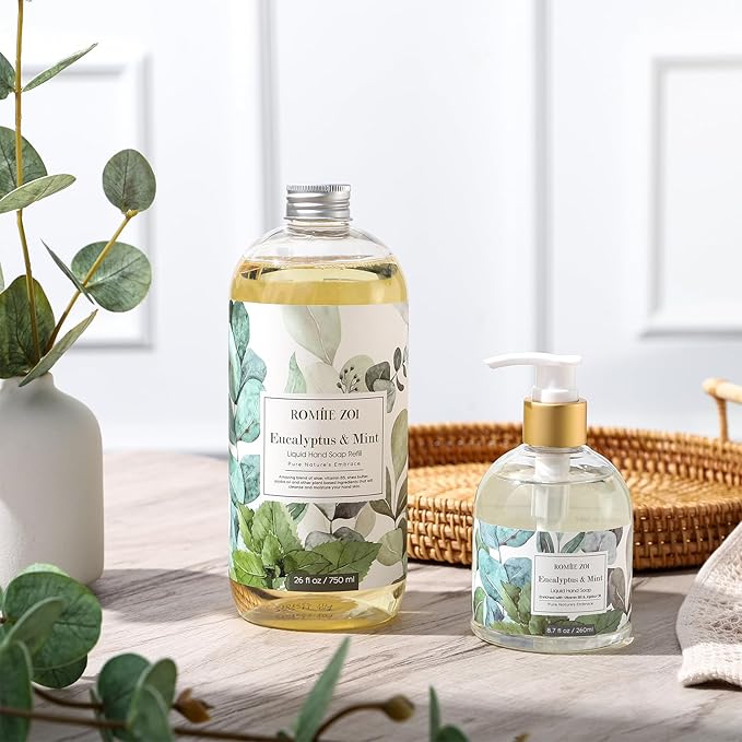ROMIIE ZOI Eucalyptus & Mint Liquid Hand Soap Refill, Gentle & Moisturizing Formula, Natural Cruelty-Free Soap, Large 750 ML Bottles Bulk for Kitchen, Bathroom, and Dispensers (26 FL OZ, Pack of 3)