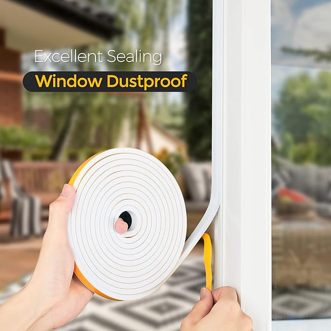 39 Feet Weather Stripping Door Seal, 1/4" Wide X 1/8" Thick Door Seal Strip High Density Foam Tape Adhesive Strip for Door Soundproofing,Window Insulation (1/4" x 1/8" x 39FT,White)