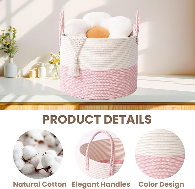 Woven Blanket Basket,115L Large Rope Storage Bin with Handles, Organizer for Blankets Toys Book and Clothes, Laundry Basket for Living Room Bedroom Nursery,White&Pink