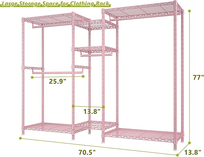 Raybee Clothing Racks for Hanging Clothes Heavy Duty Clothes Rack Load 750LBS clothes rack, 77" H x 70.5" W x 13.8" D, Pink