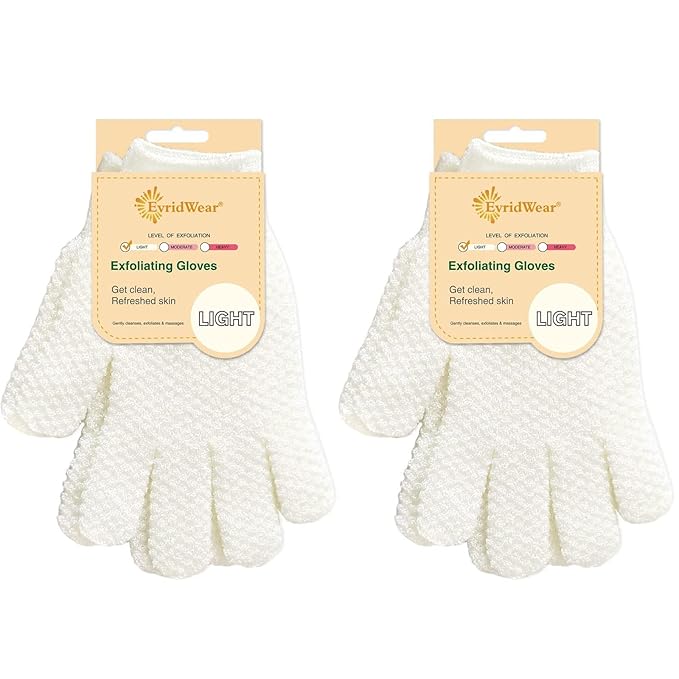 Evridwear Exfoliating Gloves for Shower, 100% Nylon Thick Soft Medium Heavy Bathing Gloves Dead Skin Remover Body Scrubber Smooth Skin with Hang Loop, 2 Pairs Light White