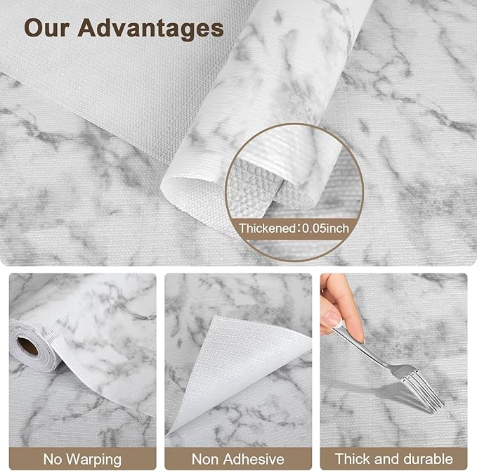 OcePor Non-Adhesive Drawer and Shelf Liner 12IN x 20FT，Non Slip Cabinet and Cupboard Liner, Kitchen Cabinet Liners for Shelves, Waterproof Drawer Shelf Liners for Cabinets/Bathroom Cupboard, Marble
