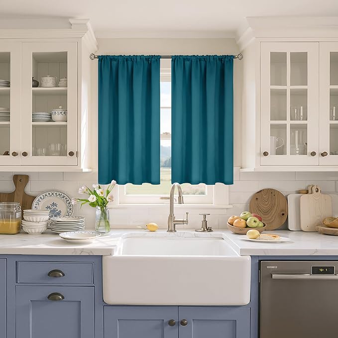 BGment Peacock Blue Blackout Curtains for Kitchen Cafe Window - Short Window Drapes Thermal Insulated Blackout Blinds for Rv Bathroom Privacy, 42 x 40 Inch, 2 Panels
