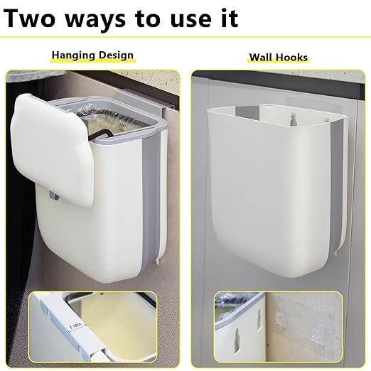 Soddeph 3.2 Gallon Foldable Hanging Trash Can with Lid for Cabinet Door,Kitchen Compost Bin,Wall-Mounted Plastic Garbage Can for Countertop or Under Sink, Bathroom and RV (Beige with lid)
